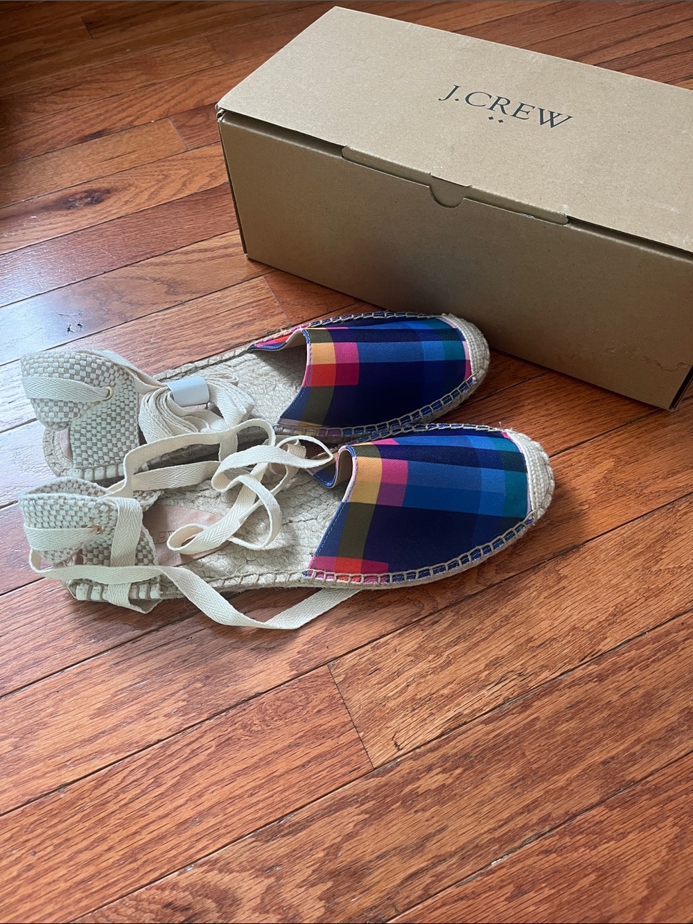 J. Crew Rainbow Plaid Espadrille Lace-Up Flats